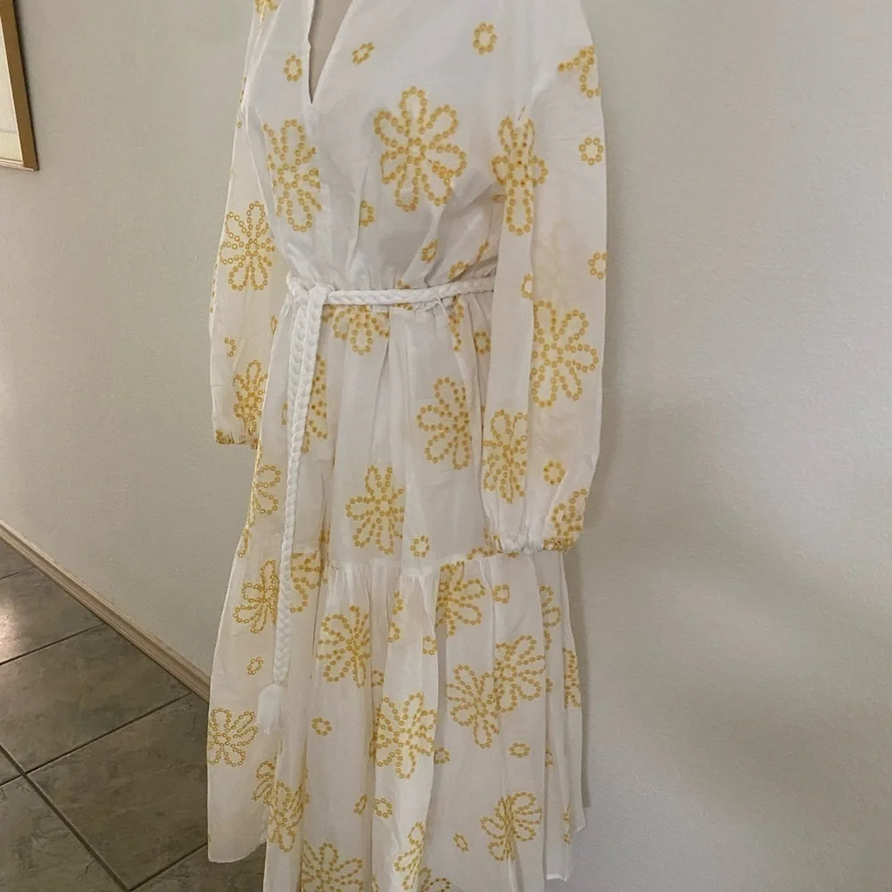Alexis White Yellow Cottage Core Embroidered Eyelet Midi‎ Dress Women's Large - Picture 5 of 13